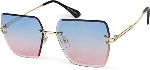 styleBREAKER Damen Sonnenbrille ohne Rahmen mit eckigen Polycarbonat Gläsern und Diamantschliff | UV400 Verlaufstönung | Metallbügel verstellbare Nasenpads, Gestell Gold/Glas Blau-Rosa Verlauf