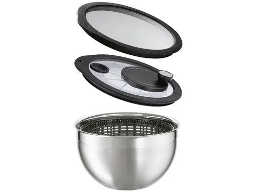 RÖSLE Salatschleuder mit Glasdeckel und Frischhaltedeckel - Salatschleuder mit bruchfestem Glasdeckel und Kurbelantrieb für effizientes Schleudern. Ideal zum Frischhalten von Salaten und spülmaschinengeeignet.