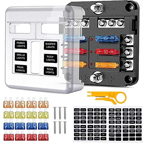 Fach Sicherungshalter, KFZ Sicherungskasten ATO 12V/24V Blade Sicherungsblock, Auto Sicherungsdose mit 16pcs Sicherungen und LED-Anzeige Schutzabdeckung für Auto Boot Marine SUV 6