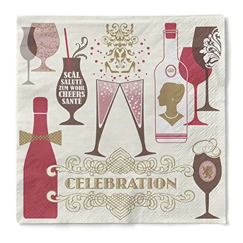 Sovie HORECA Serviette CELEBRATION in Champagner-Bordeaux aus 3-lagigem Tissue, 33 x 33 cm, 100 Stück, Design mit Sektgläsern, Weingläsern, Flaschen & Ornamenten – ideal für Feiern & Events