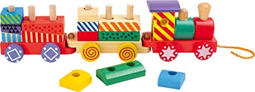 Small Foot Zug aus Holz, 13 Bunte Holzbausteine und eine Lokomotive mit Zwei Waggons, für Kinder ab 12 Monaten, 3498, Mehrfarbig
