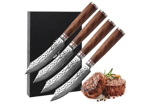 Wakoli Nussbaum Premium 4er Damast Steakmesser-Set - Steakmesser-Set mit 12,5 cm Klinge aus 67 Lagen Damaststahl, ergonomischer Nussbaumholzgriff für müheloses Schneiden und ideale Geschenkidee für Kochliebhaber.