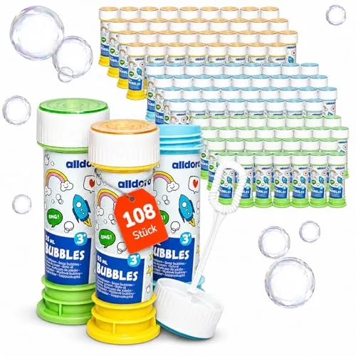 alldoro 68790 Seifenblasen Set mit Murmel-Labyrinth – 108er Set für unvergessliche Feiern - Großes 108er Set mit handlichen Seifenblasen-Fläschchen (55 ml) in bunten Farben. Ideal für Kindergeburtstage und Hochzeiten – Spaß garantiert durch die integrierten Murmel-Labyrinthe im Deckel!