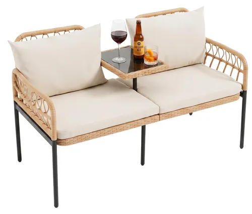 COSTWAY Gartenbank mit Tisch und Kissen – Bequeme 2-Sitzer Sitzbank für Balkon und Garten