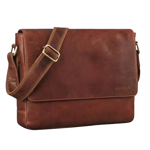 ROYALZ Vintage Umhängetasche Leder mittel-groß für Herren Damen 14-15 Zoll Laptop-Tasche 'San Diego' Bürotasche Messenger Bag Arbeitstasche Aktentasche Echtleder, Farbe:Roma Cognac Braun