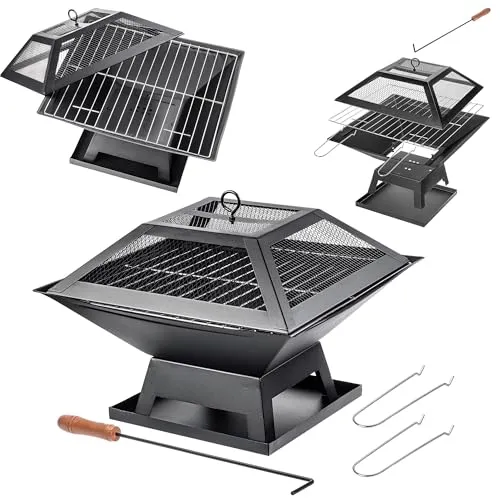 KADAX Feuerschale aus Stahl, 46 x 36 cm, Feuerkorb mit Funkenschutz, Schürhaken und Grillrost, Outdoor Feuerstelle für Garten und Terrasse (Schwarz)