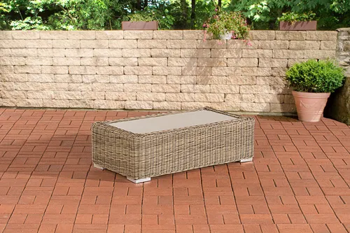 CLP Polyrattan Lounge Tisch Madeira 110 x 60 cm, natur - Gartentisch aus robustem, UV-beständigem Polyrattan mit eleganter Glasplatte. Ideal für den Außenbereich, pflegeleicht und langlebig für jahrelangen Komfort.