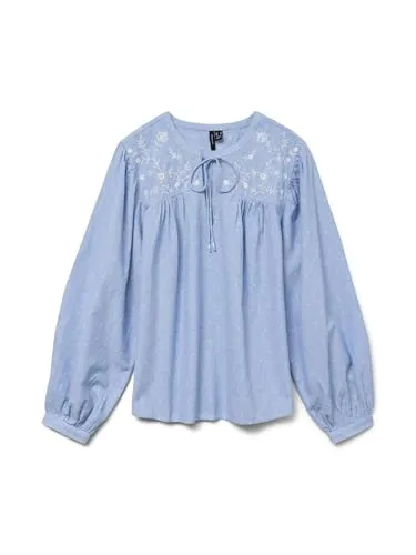 Vero Moda Bluse in Hellblau - XL - Bluse aus reiner Bio-Baumwolle mit Rundhalsausschnitt und schöner Stickerei, perfekt für einen lässigen Look.