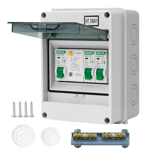 CHENGPI Wasserdichter Sicherungskasten - IP65 Verteilerkasten für Zuhause/Büro - Verteilerkästen mit AC Leckschalter 40A und Trennschaltern 10A+16A, schützt vor Stromlecks und Kurzschlüssen, ideal für Garagen und Werkstätten.