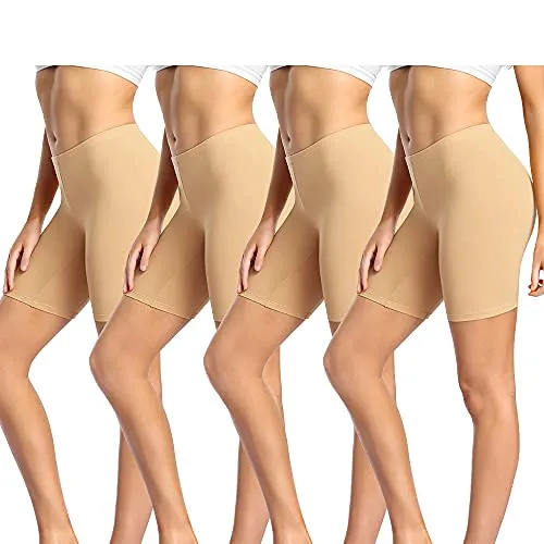 wirarpa Radlerhose Damen Kurz Baumwolle Boxershorts Unter Kleid Rock Unterhosen mit Bein Anti Scheuern Kurz Leggings 4er Pack Beige Größe L
