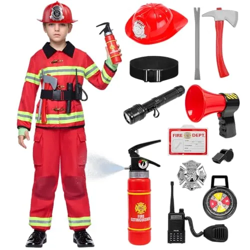 Spooktacular Creations Feuerwehrmann Kostüm, Kinder Feuerwehr Rollenspiel Set mit Feuerlöscher, Feuerwehrhelm, Feuerwehrmann Spielzeug, Feuerwehrmann Verkleidung für Jungen Mädchen Karneval Halloween