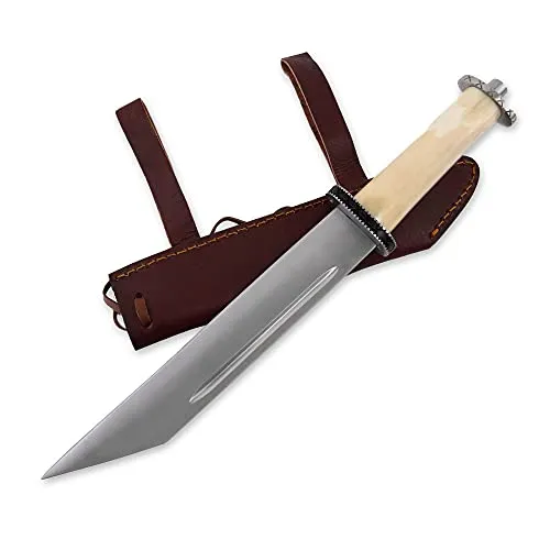 Wikinger Sax Typ Scrama mit Knochengriff - Machete im Wikinger-Stil, 44 cm lang, inklusive Lederscheide für sichere Aufbewahrung und ideal für Reenactments oder praktische Lagerarbeiten.