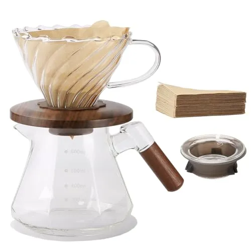 Lalord Pour Over Kaffeebereiter, 600 ml Borosilikatglas Set mit 100 Stück Größe 02 Papierfilter, Walnussholzkragen & Glasdeckel, Tropfkaffeemaschine, 1-3 Tassen, transparent