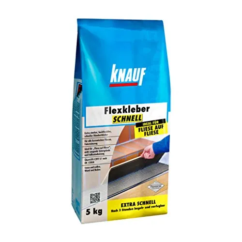 Knauf Flexkleber SCHNELL, Klebe-Mörtel Fliesenkleber – Fliesen- und Naturstein-Kleber für Wand und Boden, schnell trocknend, zur Anwendung beim Fliesen-Legen innen und außen, 5-kg
