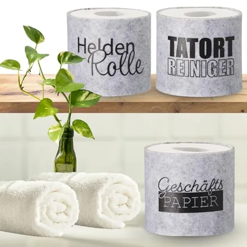 Bada Bing 3er Set Filz Toilettenpapier Banderole mit lustigen Sprüchen in HELLGRAU - Klorollenverstecker originelles Geschenk - Hülle als Aufbewahrung für Klopapier - Klorollenhalter Deko Badezimmer