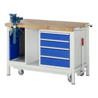 Rau Werkbank mit Fahrgestell 8185-6 - Sonstige Werkzeuge mit Buche-Massiv-Arbeitsplatte (40 mm), robustem Gestell und 4 Schubladen für optimale Stauraumorganisation und hohe Belastbarkeit bis 1250 kg.