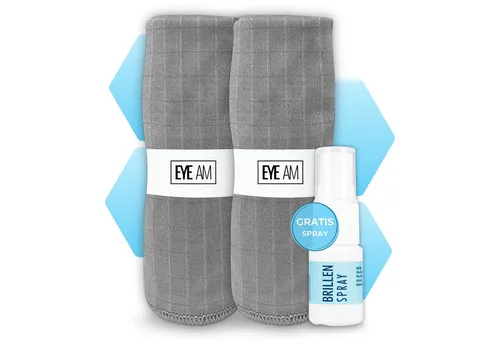 EyeAm Brillenputztuch aus Mikrofaser in Optiker Qualität, 40x40 cm Mikrofasertuch (inkl. Brillenspray zum Testen)