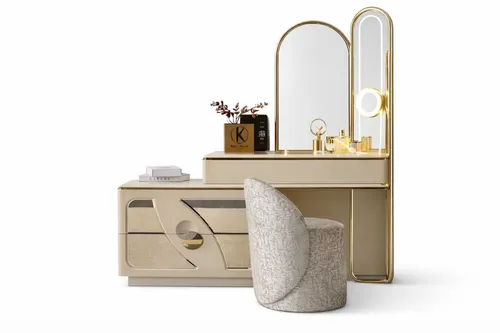 Luxuriöser Schminktisch mit Hocker im modernen Design - Schminktisch-Set für Erwachsene mit 2 Schubladen und integriertem Spiegel. Stilvolles Möbelstück in Beige, ideal für Ihr Schlafzimmer. Maße Tisch: 156 x 48 x 178 cm, Hocker: 52 x 56 x 71 cm.