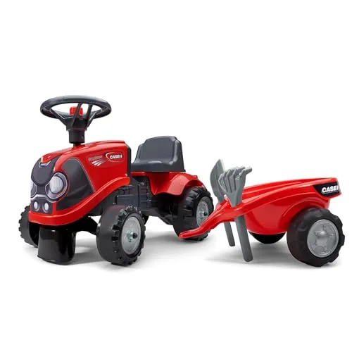 Falk Case IH Traktor mit Anhänger, Rechen und Schaufel, Rechen und Schaufel, 2 Sets Sticker, Push Rutschspielzeug für Kleinkinder +1 Jahr FA238C