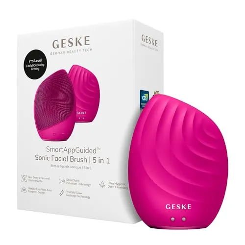 GESKE SmartAppGuided™ Sonic Facial Brush 5 in 1 - Elektrische Gesichtsreinigungsbürste mit Massagefunktion und App-Anbindung für eine individuelle Hautpflege-Routine. Weiches Silikon sorgt für sanfte und effektive Reinigung.