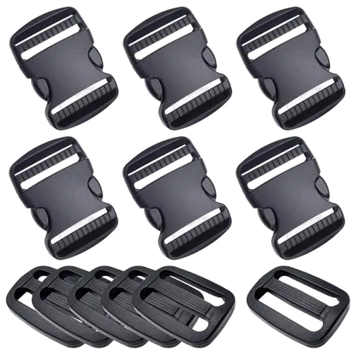 TNSOYCA 12 Stück Schnallen Clips und Tri Glide Slides,Kunststoff verstellbare Schnallen Clips für Gepäckgurte, Halsband, Rucksackreparatur, Gurtband, Zelt Schwarz