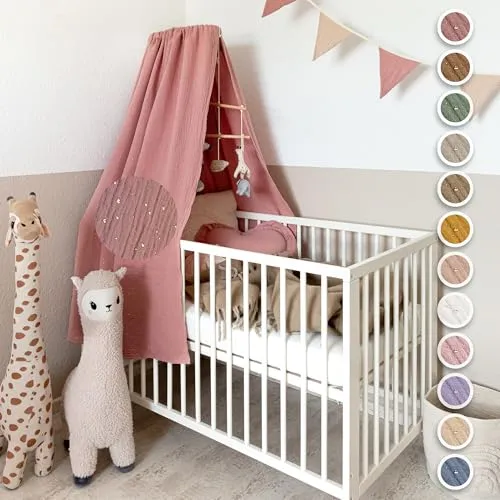 lilimaus Betthimmel Babybett mit Gold Applikation in 12 Farben [inkl. Himmelstange] - Himmel Babybett aus 100% Baumwolle Musselin für Mädchen & Jungen - Himmelbett mit Stange - Kinder Babyzimmer Deko