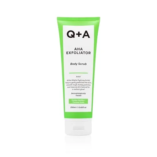 Q+A AHA Peeling Körperpeeling, Kombination aus AHA-Milchsäure und Glykolsäure in Verbindung mit physikalischen Peelings verbessert die Hautstruktur, 250ml