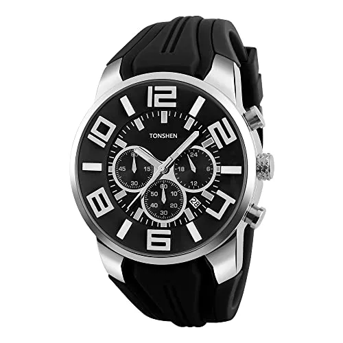 TONSHEN Herren Sport Uhr Weiche Silikon Band Edelstahl Lünette Analog Quarzuhr Unabhängige Kleine Zifferblatt Doppel Zeit Schlichtes Uhren 12H/24H Kalender Datum Armbanduhr für Männer Jungen (Schwarz)