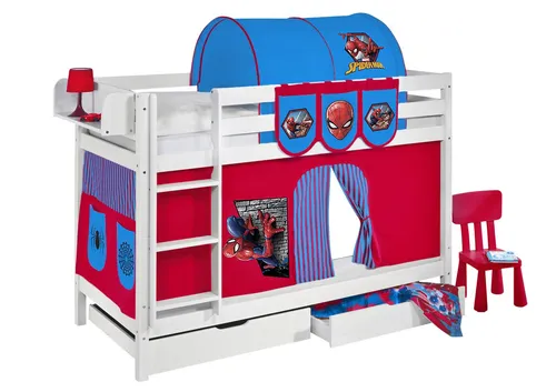 Lilokids Etagenbett JELLE Spiderman - Hochbett in Weiß - Hochwertiges Etagenbett mit Spiderman-Design, inklusive zwei Lattenrosten und Vorhang. Perfekt für kreative Kinderzimmer und optimalen Schlafkomfort.