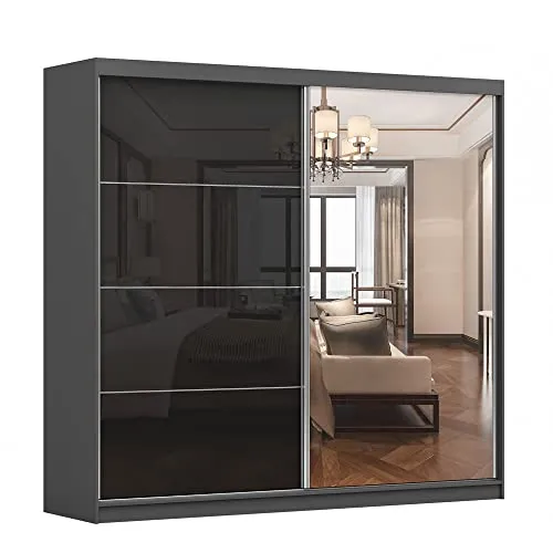 Kleiderschrank M31 mit Spiegel 233 cm - Schwebetürenschrank in Schwarz Hochglanz, bietet zwei Kleiderstangen und 10 Einlegeböden. Perfekte Lösung für mehr Stauraum und optische Raumvergrößerung durch den integrierten Spiegel.