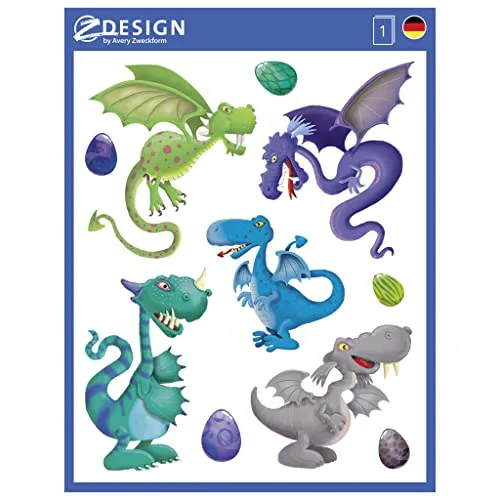 AVERY Zweckform 54992 Fensterbilder Drachen 9 Stück (bunte selbstklebende Fensteraufkleber für Kinder, glänzend, wasserfest, ablösbare Fensterfolie, Fenstersticker und Deko für Fenster und Spiegel), 1 Stück