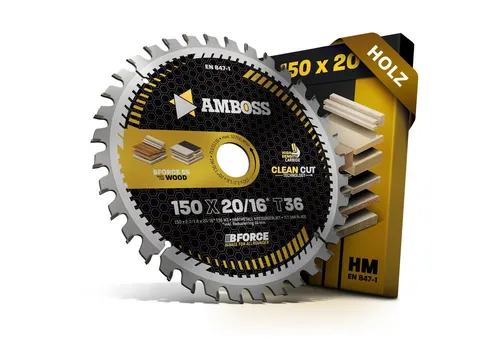 Amboss HM Kreissägeblatt 150 x 2.2/1.6 x 20 Z36 WZ - Kreissägeblätter für präzise Holzarbeiten mit Clean Cut Technology für extra scharfe Schnitte. Ideal für Hand- und Tischkreissägen, geeignet für Weich- und Hartholz.