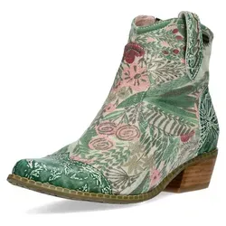 Laura Vita Damen Stiefelette HICNIO 01, floral gemustert, Größe 39, Farbe Grün - Modische Damenstiefelette im Cowboy-Stil mit einzigartigem, grafischen Blumenmuster. Der Blockabsatz und der Reißverschluss sorgen für Komfort und Stabilität. Ideal für vielseitige Freizeitlooks.
