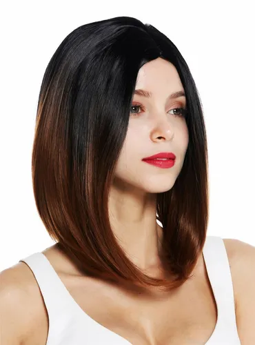 Damen Perücke kurz glatt Longbob Mittelscheitel Ombre Schwarz Kupferbraun