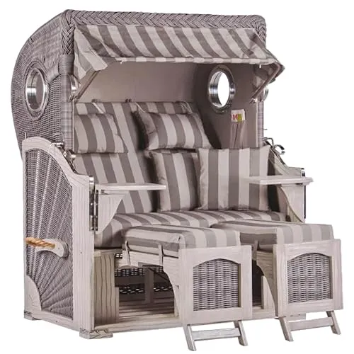 MR. DEKO® Strandkorb Düne Mahagoni Washed Grey 2-Sitzer mit Bullauge - Genießen Sie entspannte Stunden im eleganten Strandkorb Düne. Der verstellbare Volllieger aus Mahagoni mit hochwertigem Geflecht bietet Komfort und Stil für Terrasse oder Balkon. Inklusive dicker Kissen und Fußablagen.