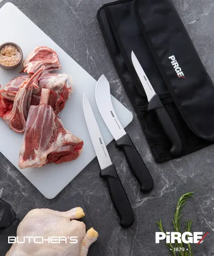 PİRGE Butcher's Profi Metzgermesser Set mit Tasche 4 TLG - Küchenmesser Set mit 4 hochwertigen Messern, rostbeständig und schmutzabweisend, ideal für präzises Arbeiten in der Fleischverarbeitung.