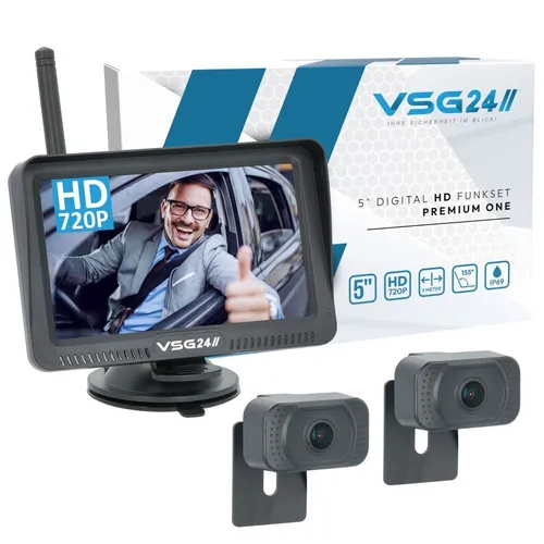 VSG24 5 HD Set - Kabelloses Funk Rückfahrsystem mit 2 Kameras und Monitor, einfache Montage für PKW 12V-24V, zuverlässige Einparkhilfe mit Nachtsicht und Park-Distanzlinien