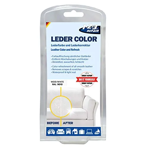 1-2-3 REPAIR® Lederfarbe Weiss - Professionelles Reparatur Set für Leder - Autopflege & Motorradpflege: Effektives Set zur mühelosen Reparatur und Farbauffrischung von Leder und Kunstleder, ideal für Sofas, Sessel und mehr.
