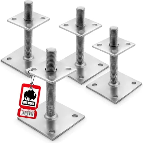BigDean Pfostenträger höhenverstellbar 30–150mm – 4 Stück verzinkt - Höhenverstellbare Pfostenträger von BigDean ermöglichen eine präzise Anpassung für stabile Holzkonstruktionen wie Zäune und Terrassen. Die verzinkte Oberfläche sorgt für langanhaltenden Schutz vor Witterungseinflüssen.