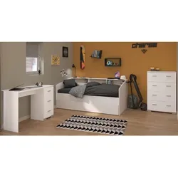 Parisot Sleep44 Kinderzimmer Set – Weiß, 9 Schubladen, Praktisches Stauraumbett - Das Parisot Sleep44 Kinderzimmer Set bietet viel Stauraum mit einem Stauraumbett und einer Wäschekommode. Ideal für ungestörtes Lernen und Spielen im eigenen Zimmer. Inklusive Schreibtisch und Ablageflächen für optimale Nutzung.