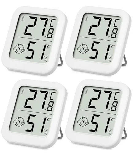 SOBEAU Mini Thermo-Hygrometer Thermometer innen Raumthermometer 4 Stück und luftfeuchtigkeitsmesser, Digitales Innen Hygrometer mit Smiley-Indikator für Babyzimmer Wohnzimmer Büro Gewächshaus(Weiß)