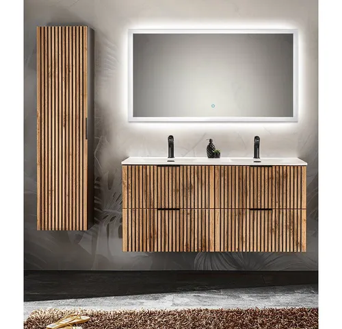 Lomadox Badmöbel-Set XANTEN-56 mit Doppelwaschtisch - Modernes Badmöbel-Set in anthrazit mit Wotan Eiche Nb. und schwarzer Rillenfront. Inklusive Doppelwaschtisch und LED-Spiegel für stilvolle Akzente und praktischen Stauraum – ideal für Ihr Badezimmer.