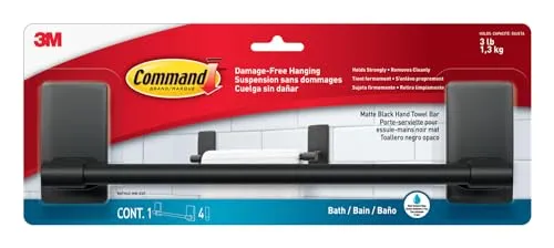 Command Handtuchhalter für Badezimmer, Mattschwarz - 1 Handtuchhalter + 4 Wasserfeste Streifen - Organisieren ohne Löcher und Bohren - Haltekraft bis zu 1,8 kg
