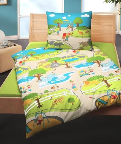 JACK Bierbaum Kinder Biber Bettwäsche 2 TLG. Dinosaurier & Einhorn - Bettwaren-Set für Kinder, atmungsaktive 100% Baumwolle, mit bunten Motiven für süße Träume, waschbar bei 60 Grad, ideal als Geschenk!