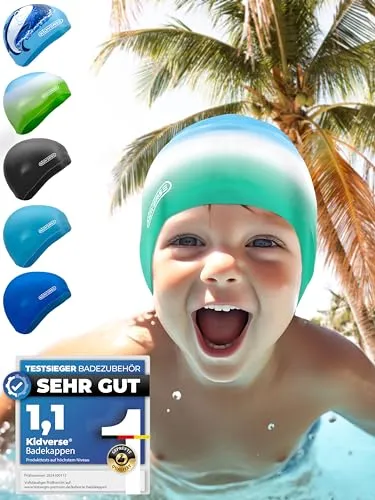 KIDVERSE Badekappe Kinder wasserdicht - Schwimmhaube Kinder mit Anti-Rutsch-Noppen - Badekappen für Schwimmer mit UV Schutz - Schwimmhaube Jungen - Reißfeste Badehauben in verschiedenen Größen