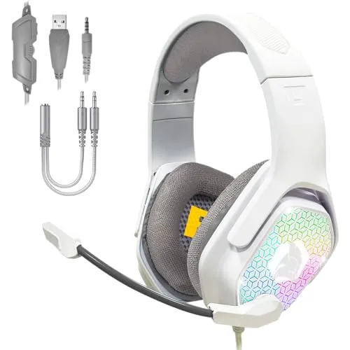 EMPIRE GAMING H-3 RGB Gamer Kopfhörer für PS5, PS4, Xbox One/Series, Switch, PC, Mac, Smartphones, Tablets, Fernbedienung, High Definition Stereo Sound, Flexibles Mikrofon, Weiß