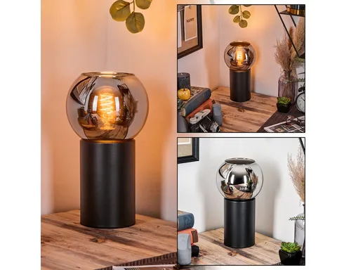 Hofstein Tischleuchte im Retro-Vintage-Design - Elegante Tischlampe aus Metall und Glas in Schwarz und Chrom. Ideal für stimmungsvolle Akzente in Ihrem Innenbereich, ohne Leuchtmittel.
