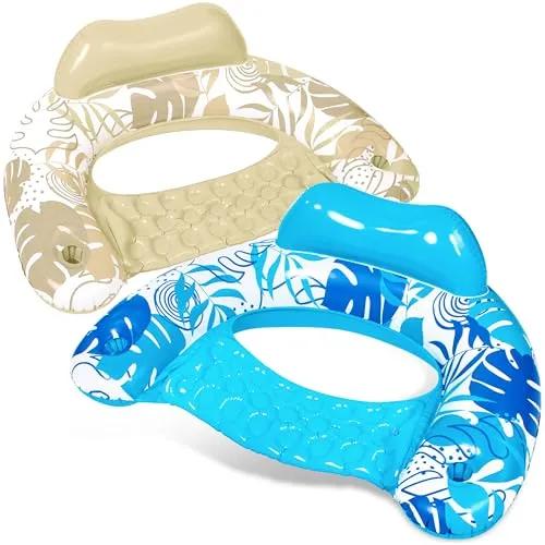SLOOSH Aufblasbare Pool-Flöße für Erwachsene, 2er Poolstühle mit Getränkehaltern, aufblasbarer Schwimmstuhl, Blätterdesign für entspannte Sommer-Wasserfreude, Schwimmparty, Strand, Blau, Champagner