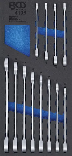 BGS Werkstattwageneinlage 1/3: Ratschenring-Maulschlüssel-Satz SW 8 - 19 mm - Werkzeug-Set mit 12 feinverzahnten, umschaltbaren Ratschenring-Maulschlüsseln in den Größen SW 8 bis 19 mm, ideal für präzise Arbeiten in der Werkstatt.