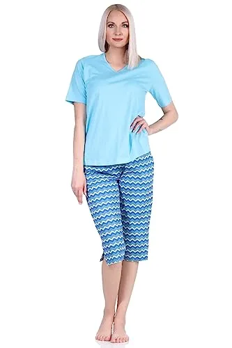 Normann Cooler Damen Capri Pyjama mit 3/4 Capri Shorts, Schlafanzug im Ethno-Style, Farbe:blau, Größe:40-42